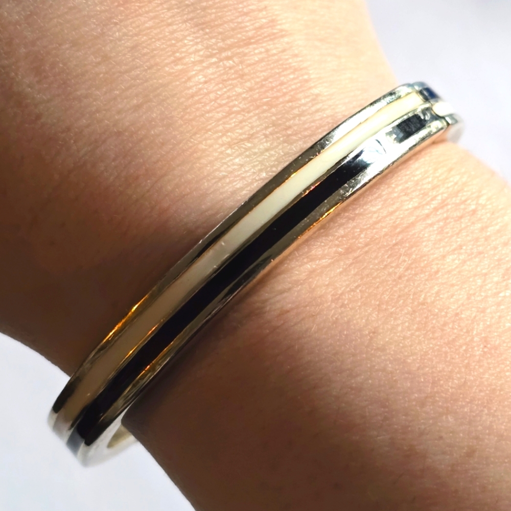 Enamel bracelet off white color and black bangle clamper style gold tone